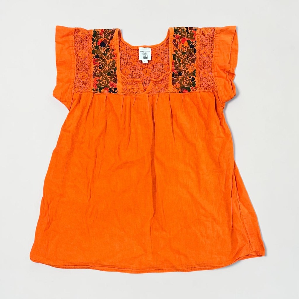 Arte Huaxyacac Hand Made Mexican Embroidered Boho Gauze Top Orange XS Womens